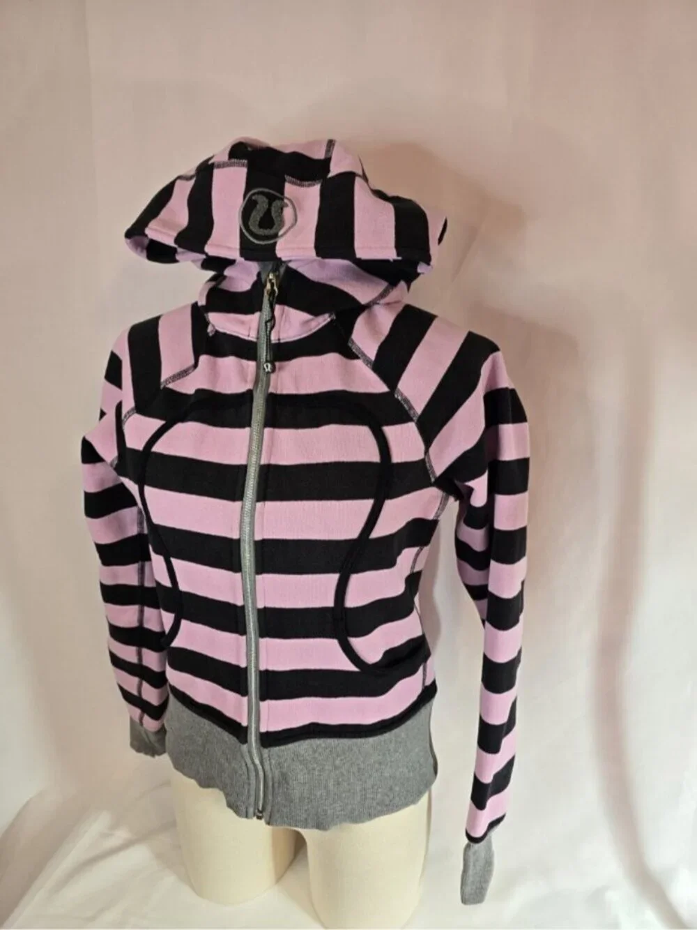 Lululemon RARE Scuba Hoodie OG Pink/Black Striped Size 6 Emo Princess Y2K